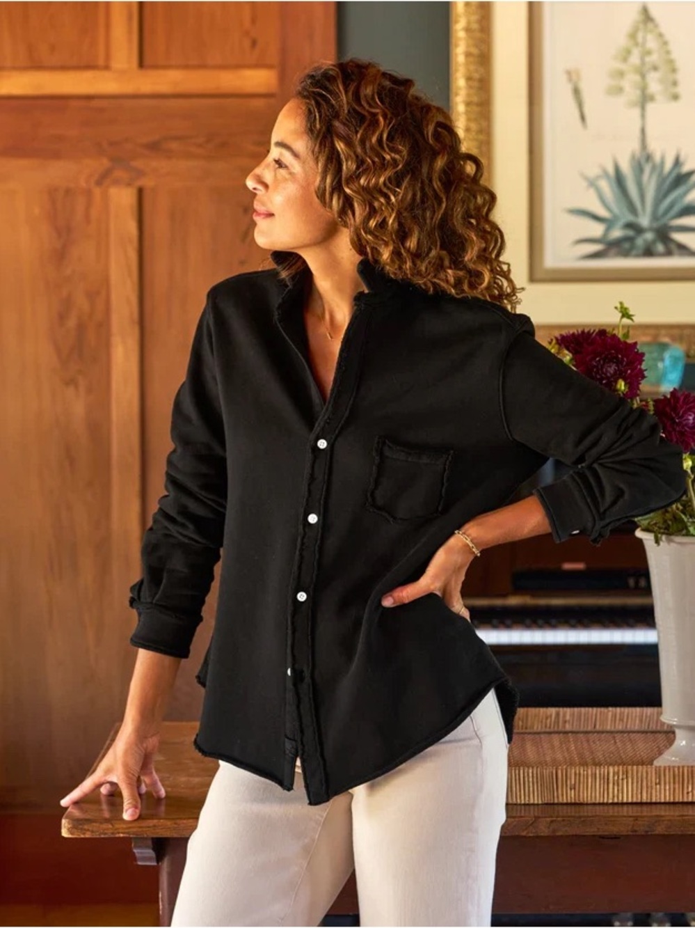 Frank & Eileen Black Button-Front Triple Fleece - READ notes